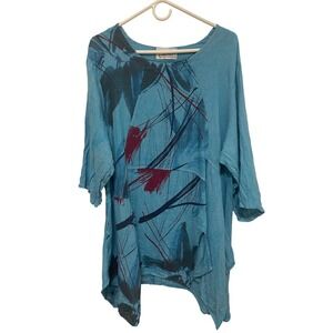 Trasparenze Italy Tunic Top Blue Linen Abstract Print Handkerchief Hem 1X